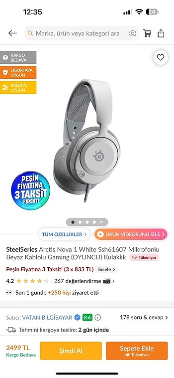 Beden Steel Series Nova 1 Beyaz Oyuncu Kulaklığı