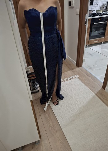 Lacivert Drapeli Straplez Abiye Elbise - Görsel 3