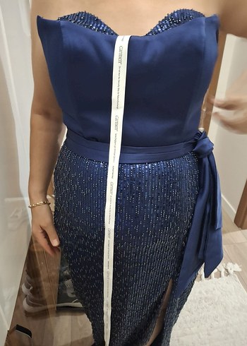 Lacivert Drapeli Straplez Abiye Elbise - Görsel 2