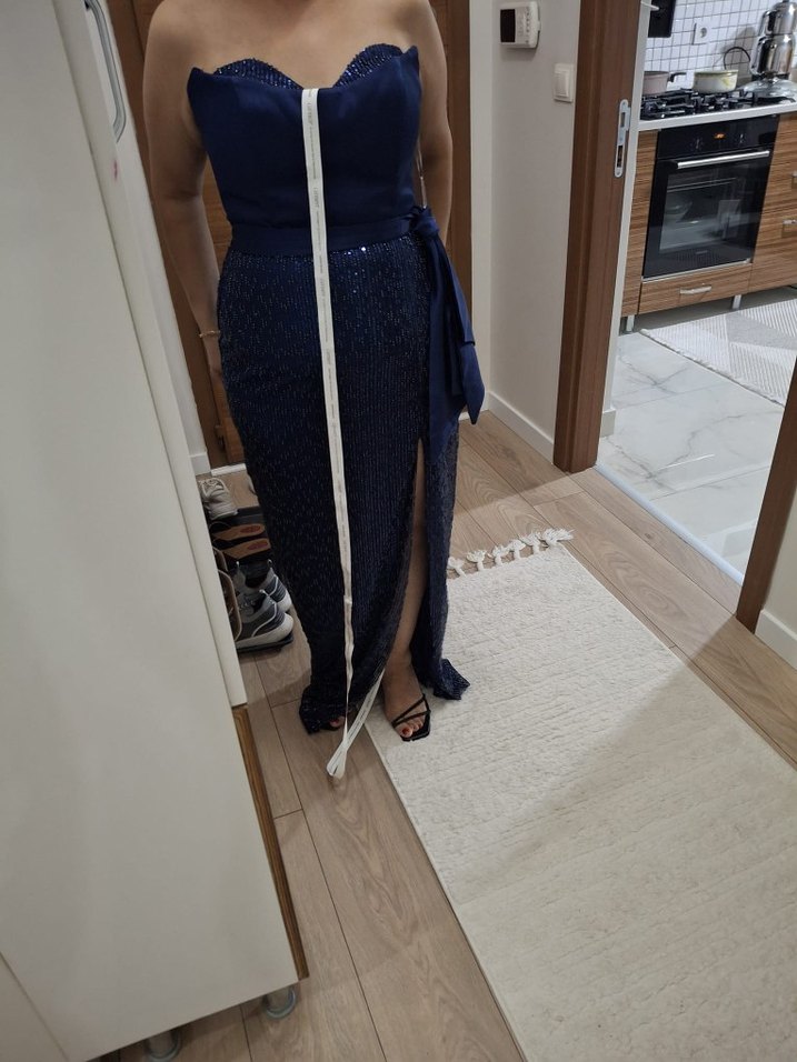 Lacivert Drapeli Straplez Abiye Elbise - Görsel 3