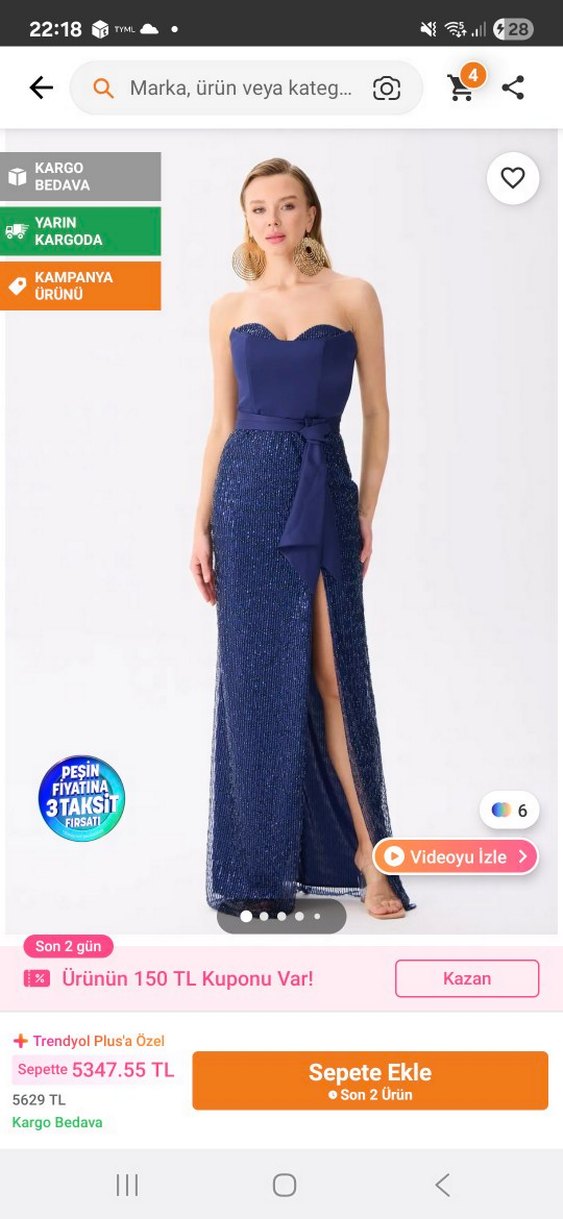 Lacivert Drapeli Straplez Abiye Elbise - Görsel 4