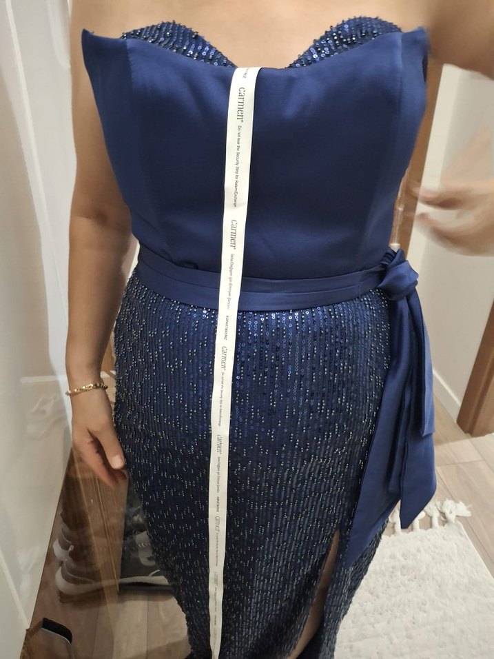 Lacivert Drapeli Straplez Abiye Elbise - Görsel 2