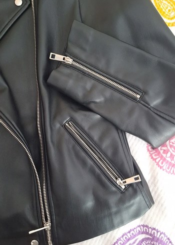 38 Beden Siyah Deri Biker Ceket, Salaş Kesim