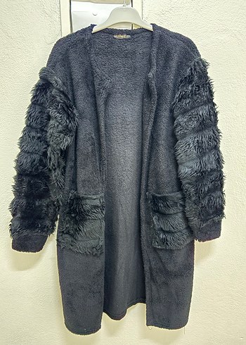l Beden Siyah Uzun Peluş Kadın Mont