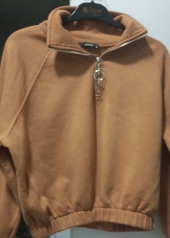 m Beden Kadın Bej Yüksek Yakalı Fermuarlı Sweatshirt