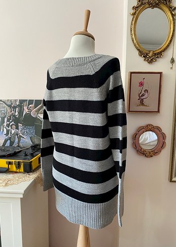 American Vintage vintage gri siyah çizgili v yaka kazak
