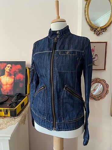 vintage grunge fermuarlı cepli kot ceket