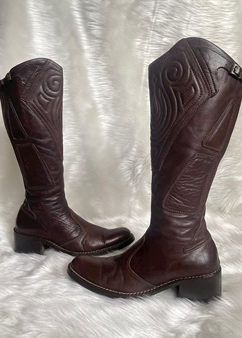 vintage deri desenli çizme - Görsel 3