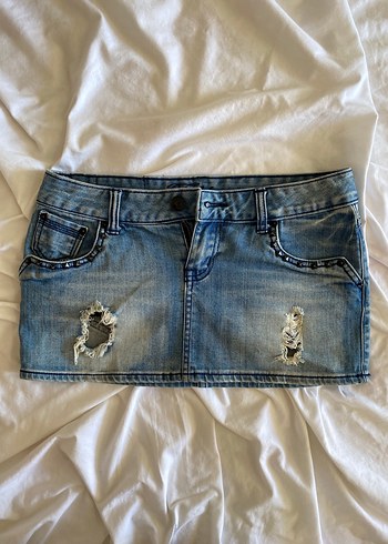vintage y2k zımbalı eskitme mini kot etek