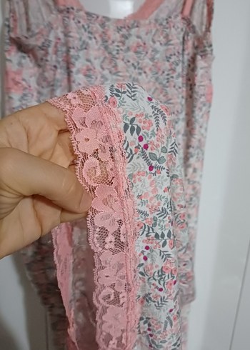 l Beden pembe Renk Pembe Dantel Detaylı Bohem Midi Gecelik