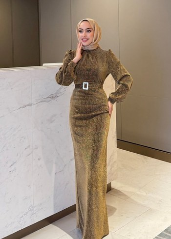 Kahverengi Parlak Yılan Desenli Kemerli Uzun Elbise - Görsel 2