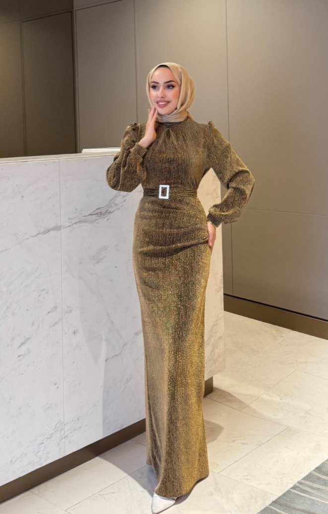 Kahverengi Parlak Yılan Desenli Kemerli Uzun Elbise - Görsel 2