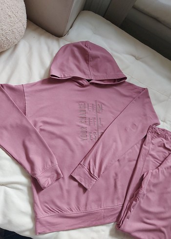 Pembe Kadın Kapüşonlu Oversize Eşofman Takımı - Görsel 2