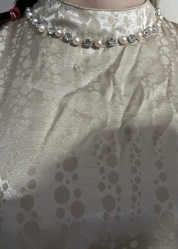 Bej Uzun Kollu Vintage Kadın Abiye Elbise - Görsel 6