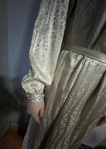 Bej Uzun Kollu Vintage Kadın Abiye Elbise - Görsel 2