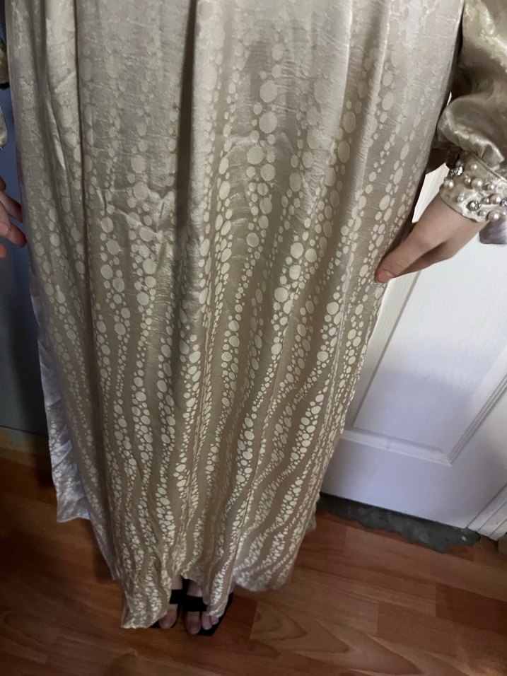 Bej Uzun Kollu Vintage Kadın Abiye Elbise - Görsel 4