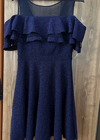 Lacivert Straplez Volanlı Midi Elbise - Görsel 2