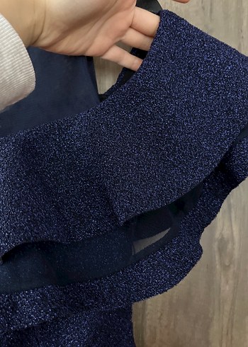 Lacivert Straplez Volanlı Midi Elbise - Görsel 5