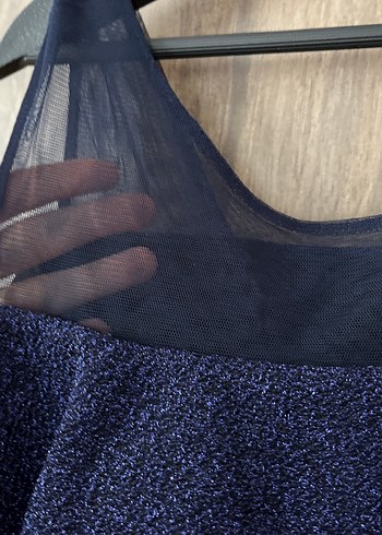 Lacivert Straplez Volanlı Midi Elbise - Görsel 4