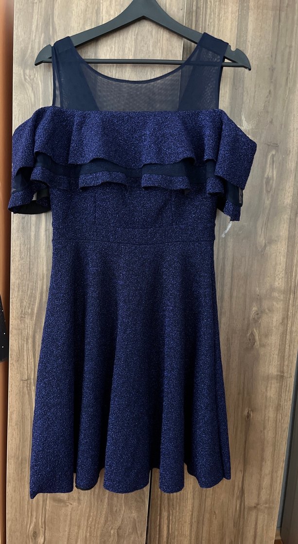 Lacivert Straplez Volanlı Midi Elbise - Görsel 2