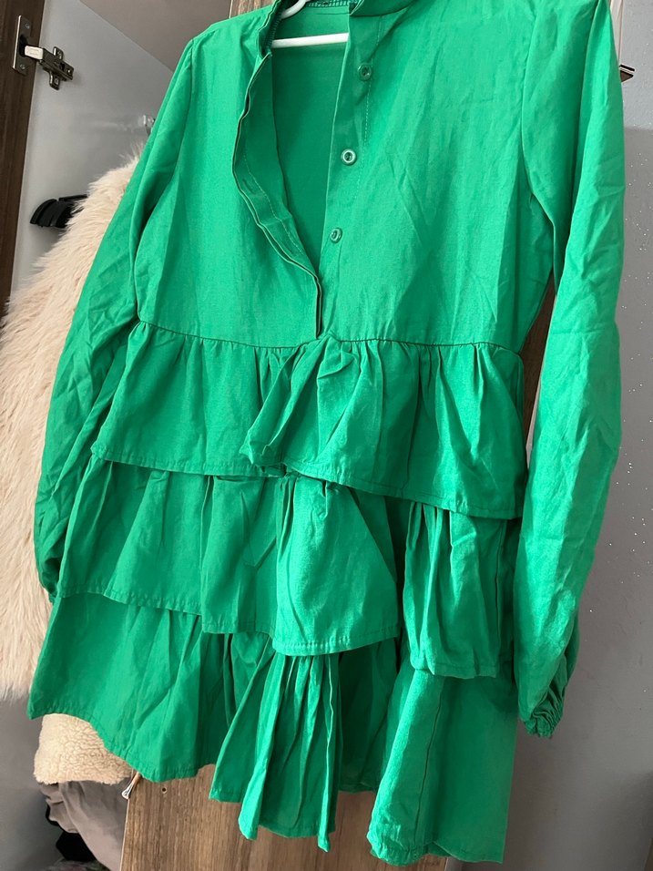 Uzun Kollu Yeşil Fırfırlı Keten Tunik - Görsel 2