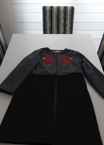 Nakışlı Gri Uzun Kadın Kaban - Görsel 2