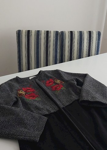 Nakışlı Gri Uzun Kadın Kaban - Görsel 6