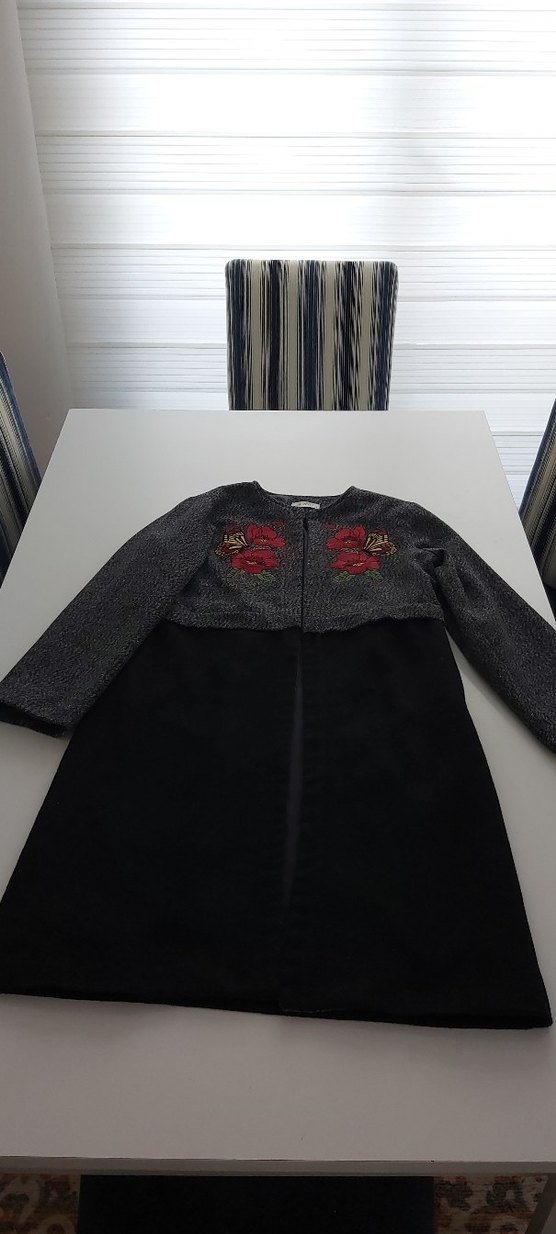 Nakışlı Gri Uzun Kadın Kaban - Görsel 2