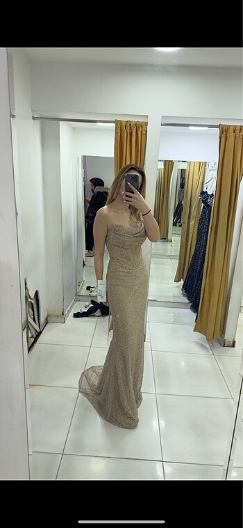 Diğer Gold taş detaylı abiye elbise