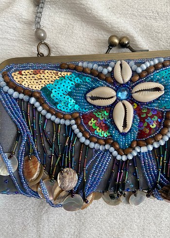 Boncuk İşlemeli Mavi Bohem Kadın Çanta - Görsel 2