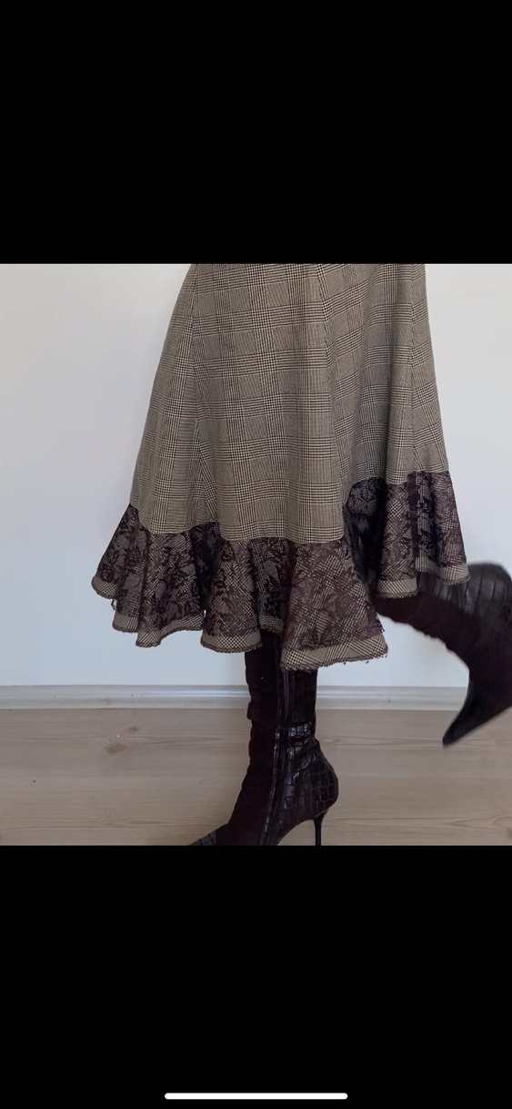 Kahverengi Fırfırlı Midi Etek - Görsel 2