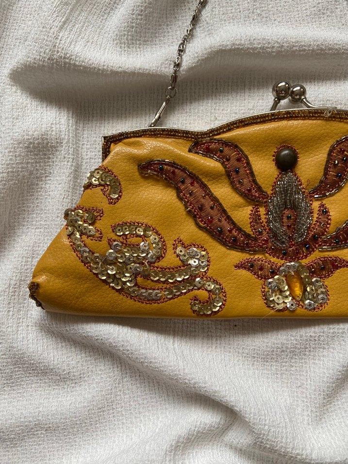 Sarı İşlemeli Deri Boncuklu Vintage Çanta - Görsel 2