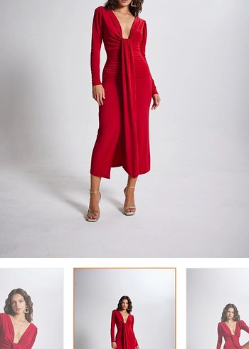 Uzun Kollu Kırmızı Drapeli Uzun Elbise - Görsel 2