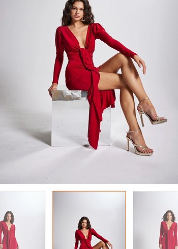 Uzun Kollu Kırmızı Drapeli Uzun Elbise - Görsel 3