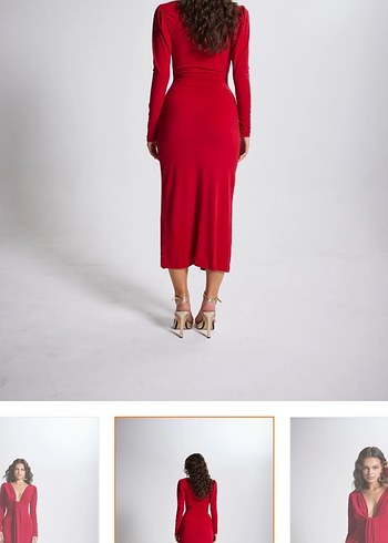 Uzun Kollu Kırmızı Drapeli Uzun Elbise - Görsel 4