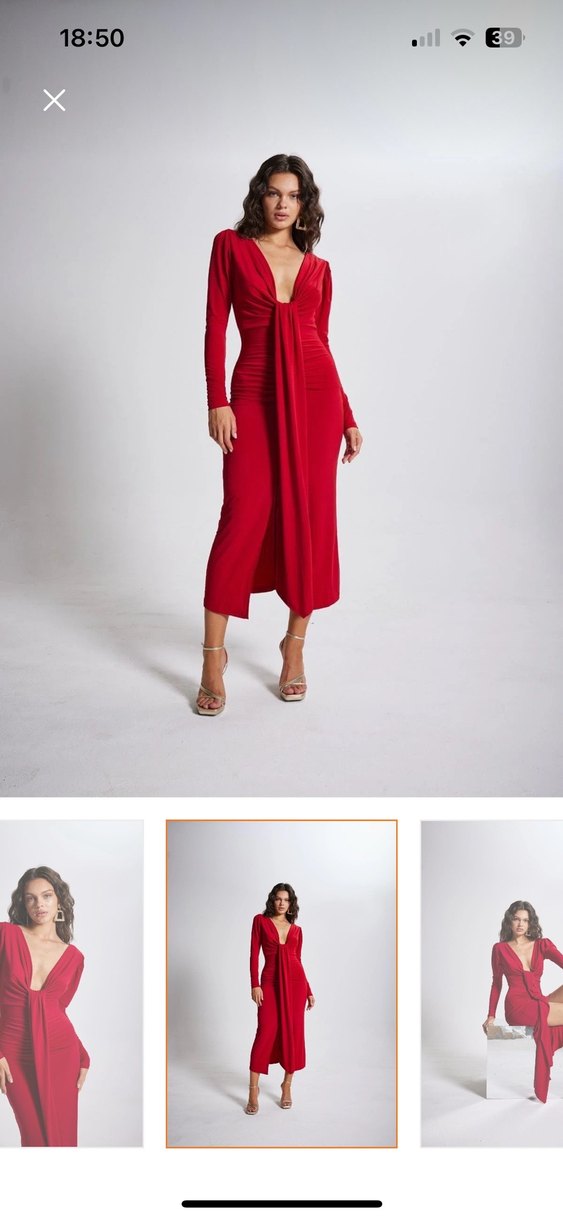 Uzun Kollu Kırmızı Drapeli Uzun Elbise - Görsel 2