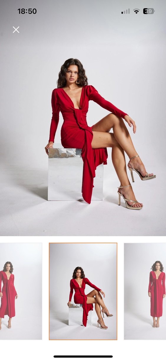 Uzun Kollu Kırmızı Drapeli Uzun Elbise - Görsel 3