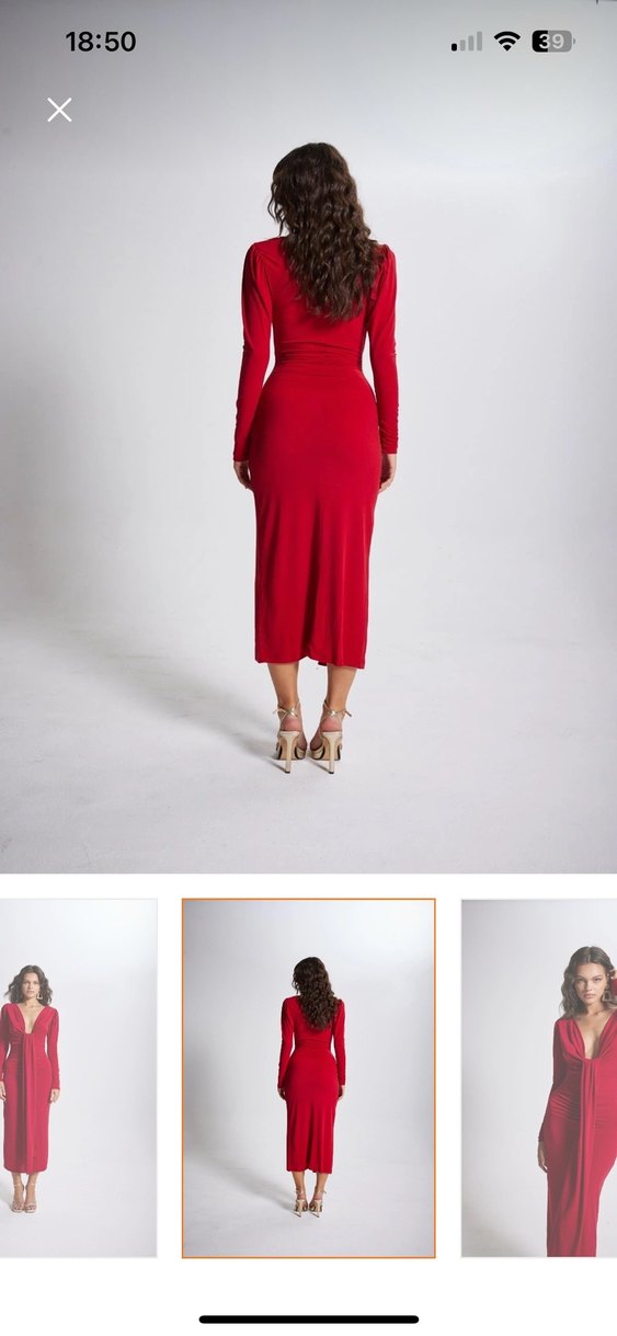 Uzun Kollu Kırmızı Drapeli Uzun Elbise - Görsel 4