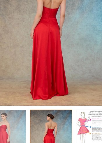 Kırmızı Drapeli Uzun Straplez Abiye Elbise - Görsel 2