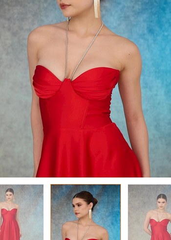 Kırmızı Drapeli Uzun Straplez Abiye Elbise - Görsel 4