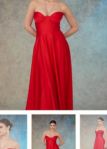 Kırmızı Drapeli Uzun Straplez Abiye Elbise - Görsel 5