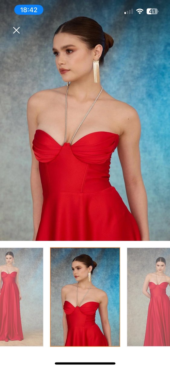 Kırmızı Drapeli Uzun Straplez Abiye Elbise - Görsel 4