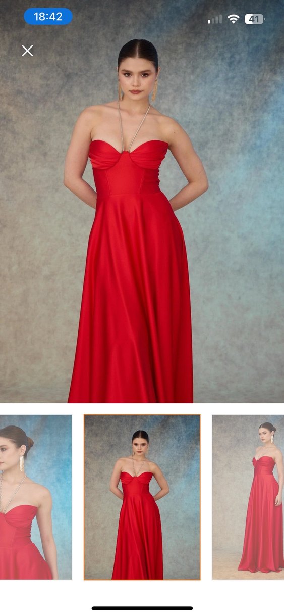 Kırmızı Drapeli Uzun Straplez Abiye Elbise - Görsel 5
