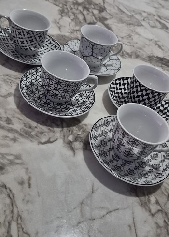 5 adet Desenli Beyaz ve Gri Kahve Fincanı Seti - Görsel 2