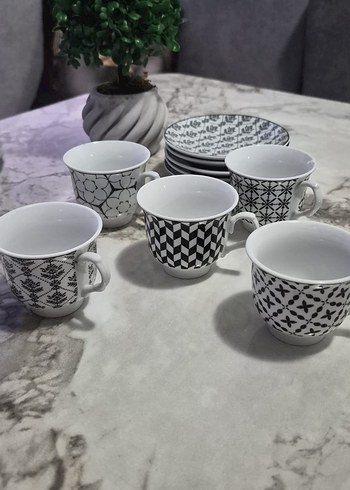 5 adet Desenli Beyaz ve Gri Kahve Fincanı Seti - Görsel 4
