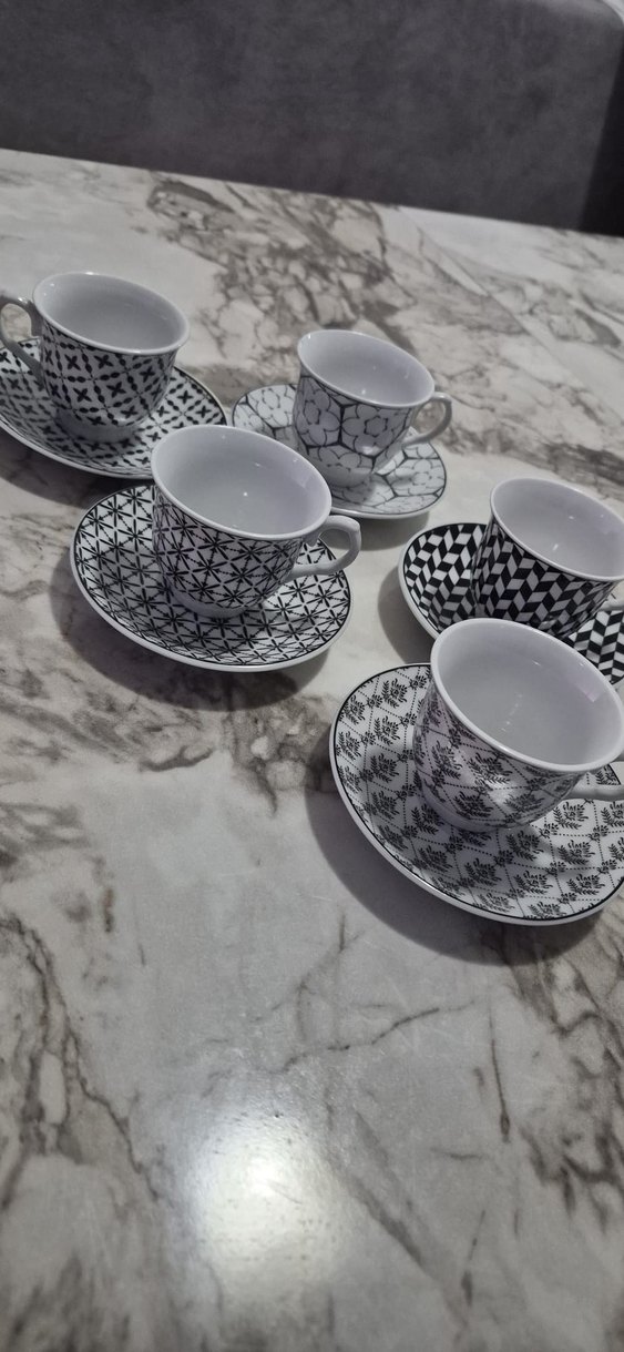 5 adet Desenli Beyaz ve Gri Kahve Fincanı Seti - Görsel 2