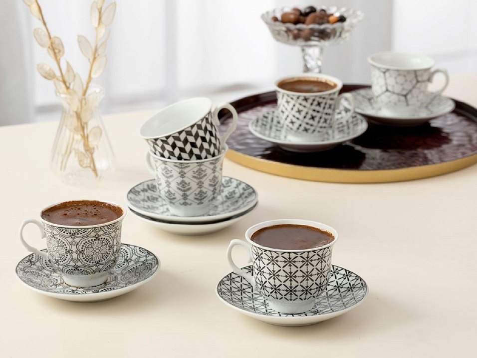 5 adet Desenli Beyaz ve Gri Kahve Fincanı Seti - Görsel 3