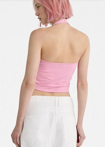 Diğer Pembe V Yaka Kolsuz Crop Top