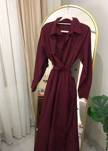 Bordo Uzun Kollu Pamuklu Salaş Elbise - Görsel 3