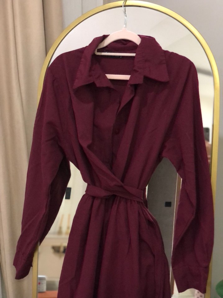 Bordo Uzun Kollu Pamuklu Salaş Elbise - Görsel 2